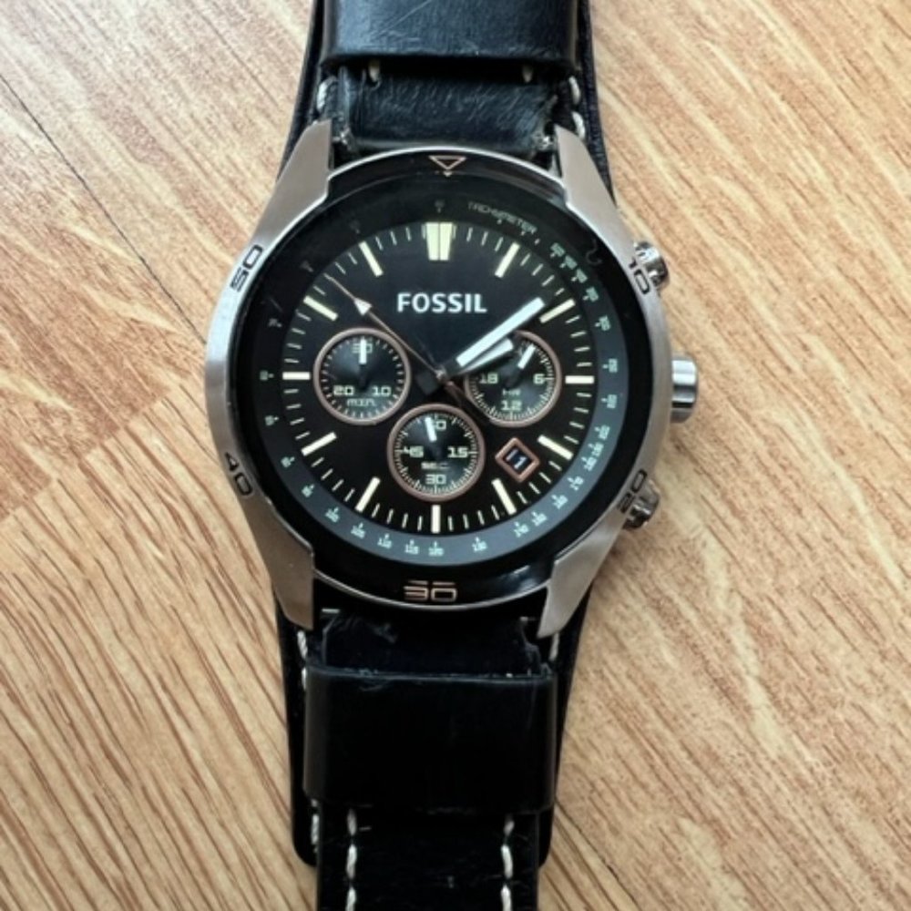 Fossil Coachman Chronograph Black Dial Black Leather Men's Watch (Pre Owned)